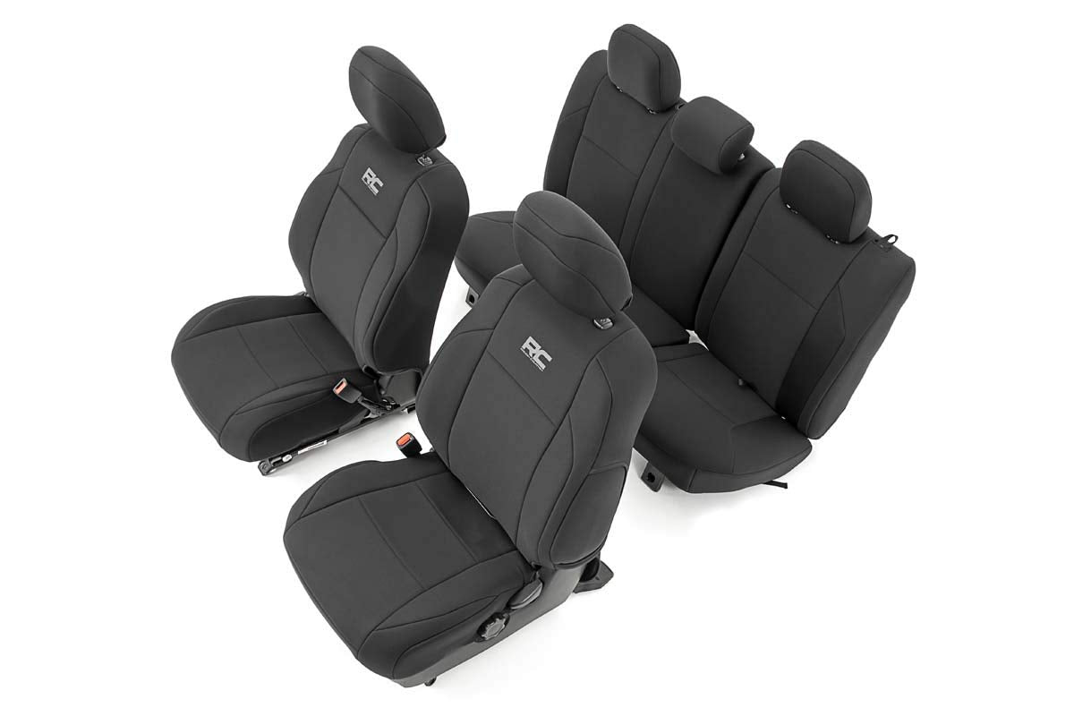 Rough Country Neoprene seat covers on Toyota Tacoma front seat protect against spills and wear