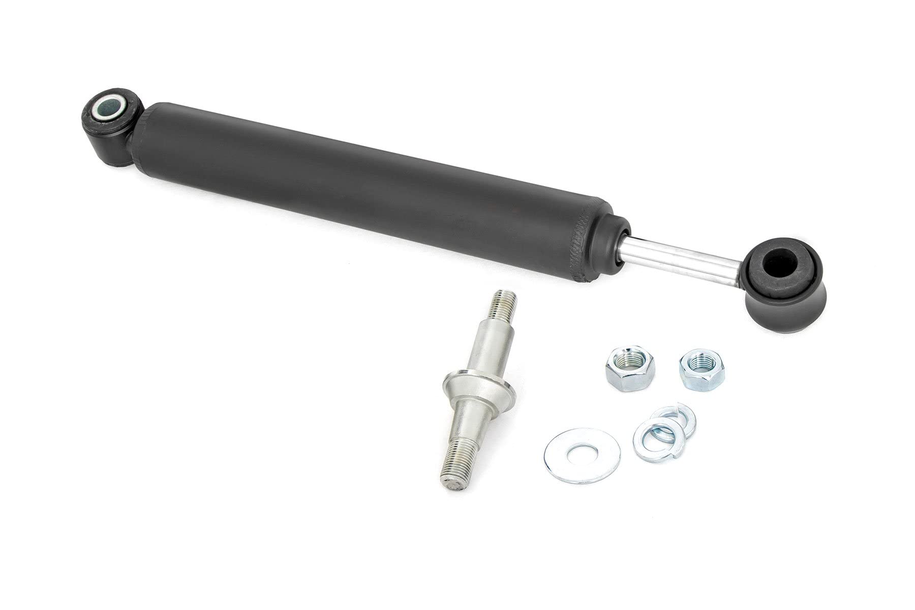 Rough Country OE replacement steering stabilizer for Ram 1500 enhances steering stability and ride comfort.