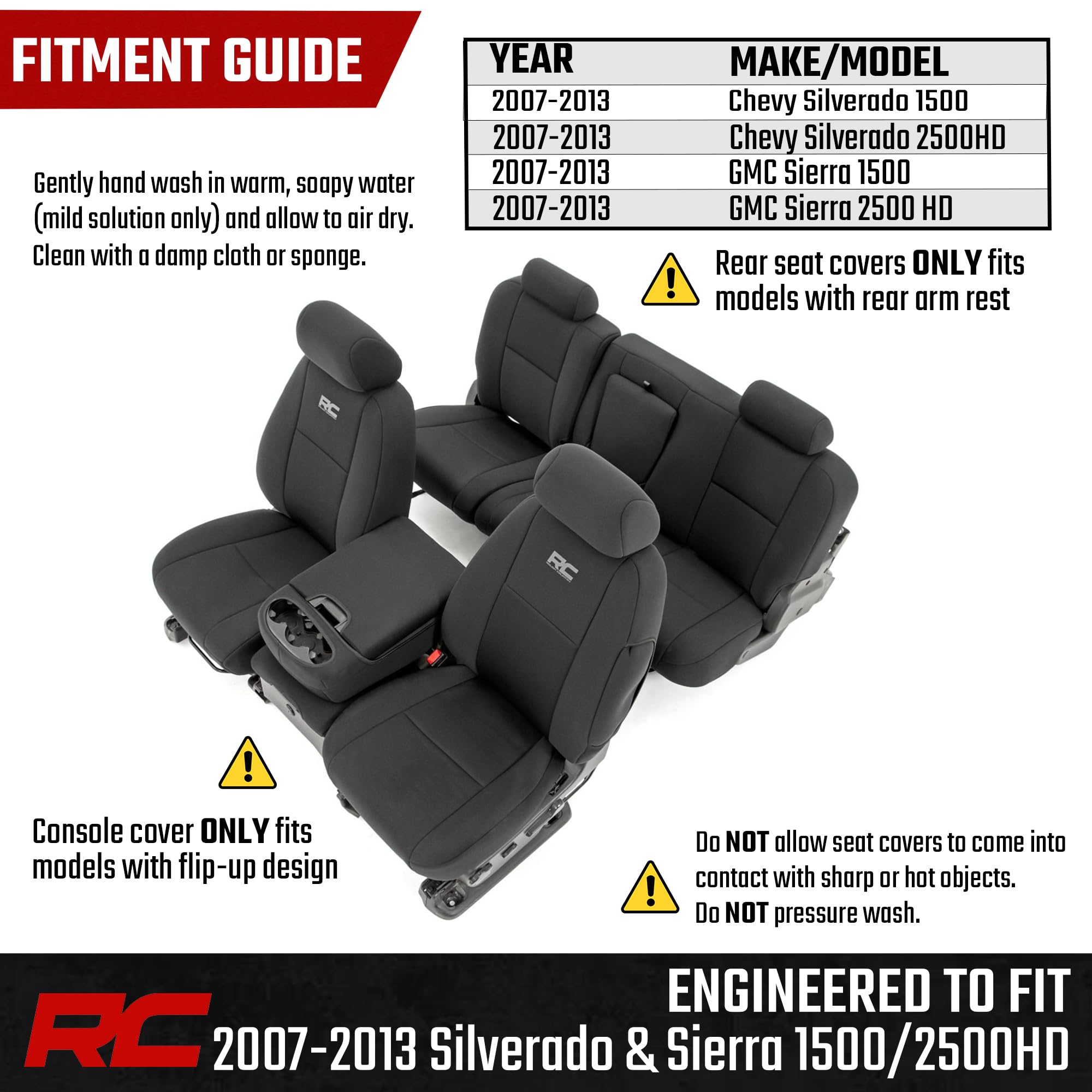 Rough Country easy-install seat covers on a pickup with no tools required.