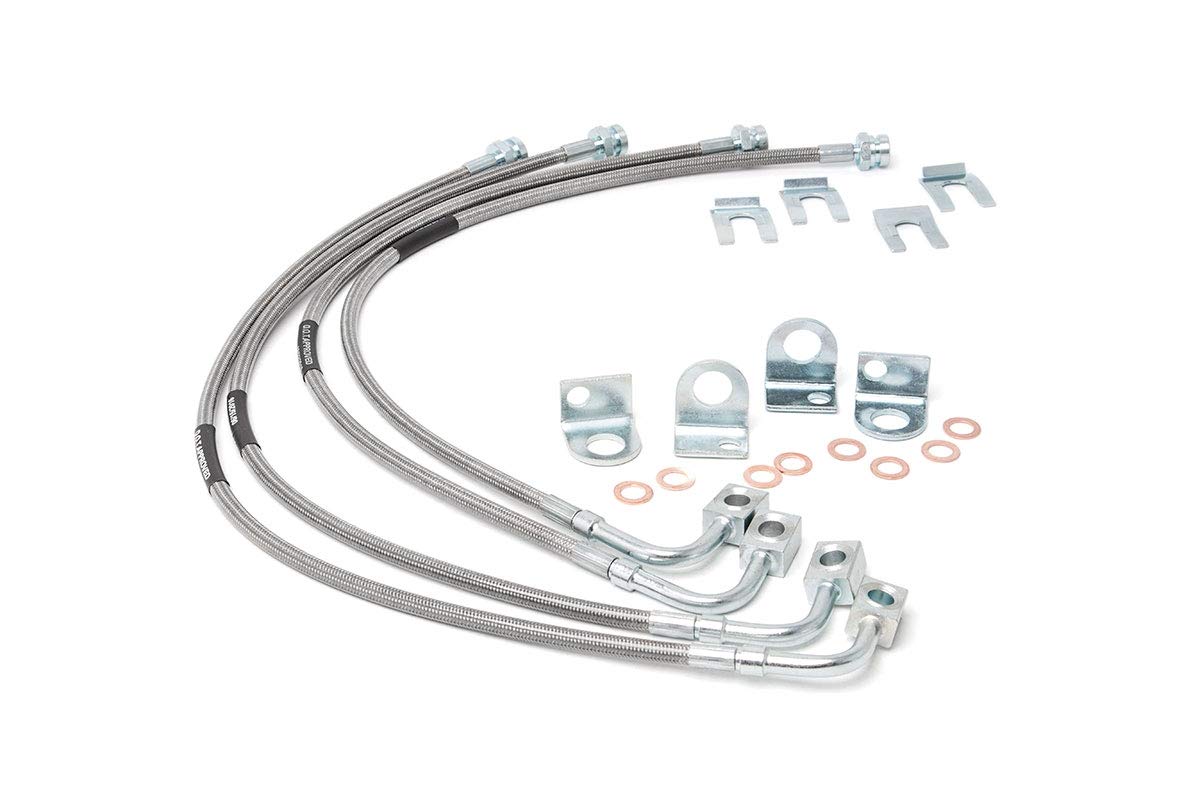 Rough Country stainless brake lines for Jeep Wrangler JK front view, improved durability for lifted rigs