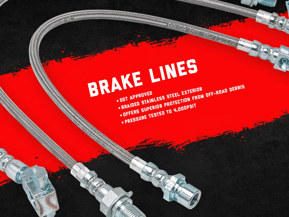Rough Country stainless brake lines for Jeep Wrangler JK rear view, debris resistance for off-road use