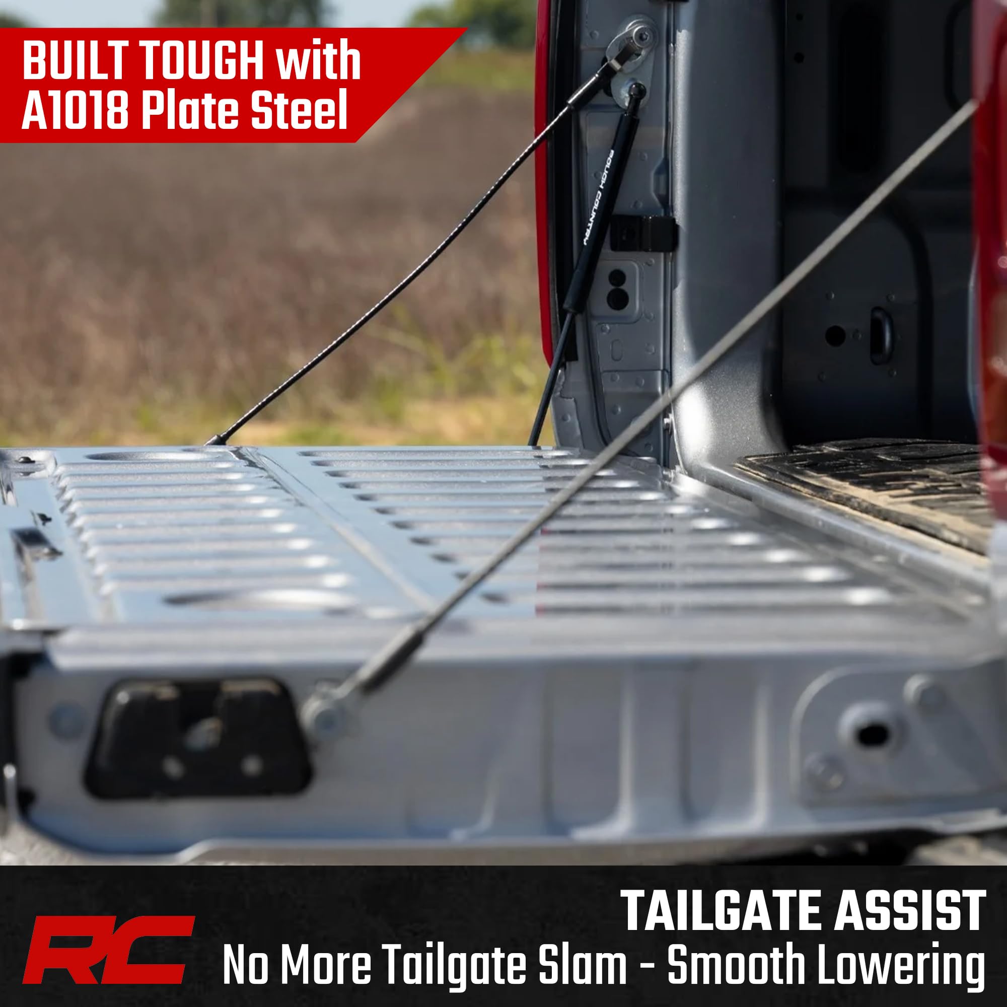 Durable A1018 steel construction of Rough Country tailgate assist for daily use