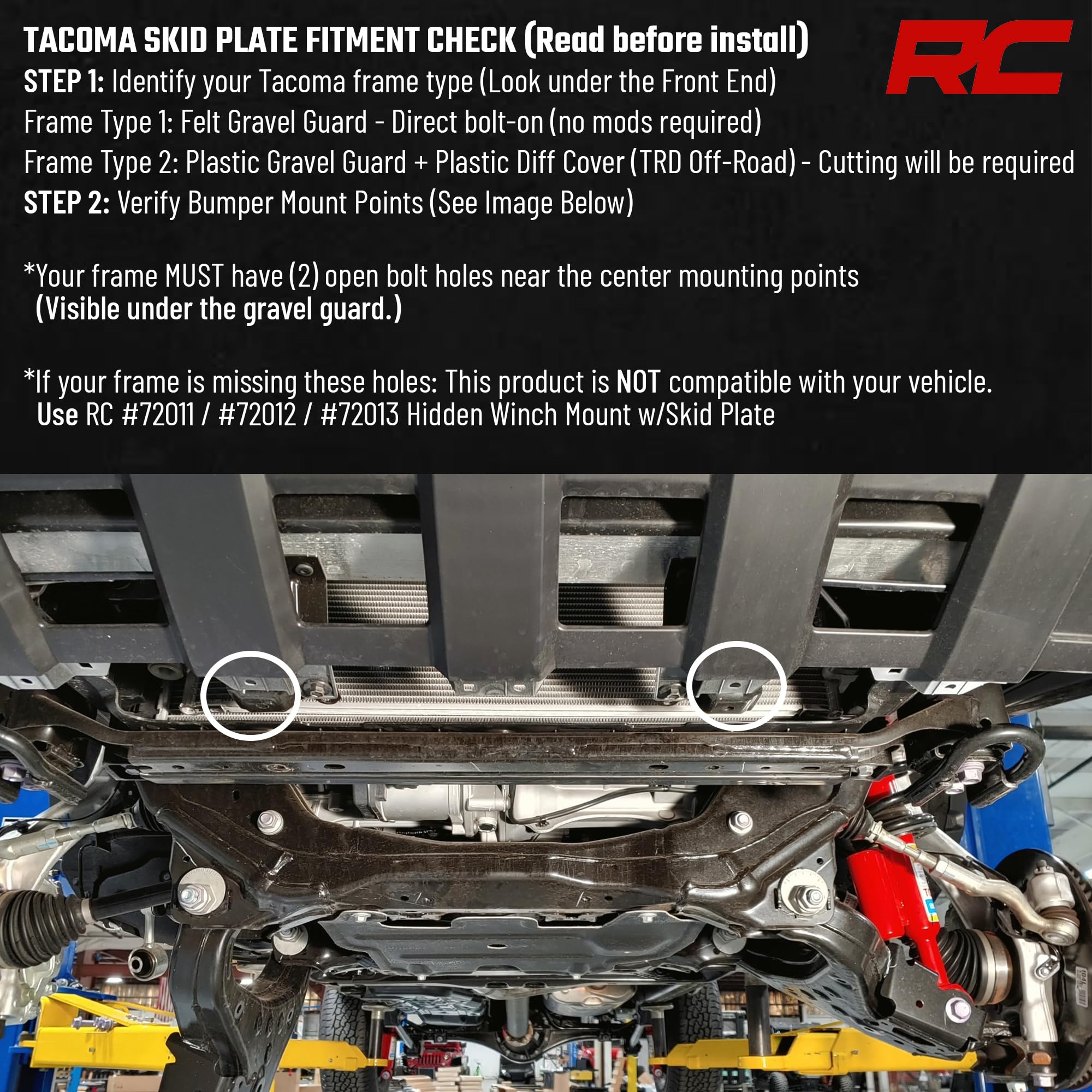 Rough Country TRD Off-Road install note indicates needed crossmember trim