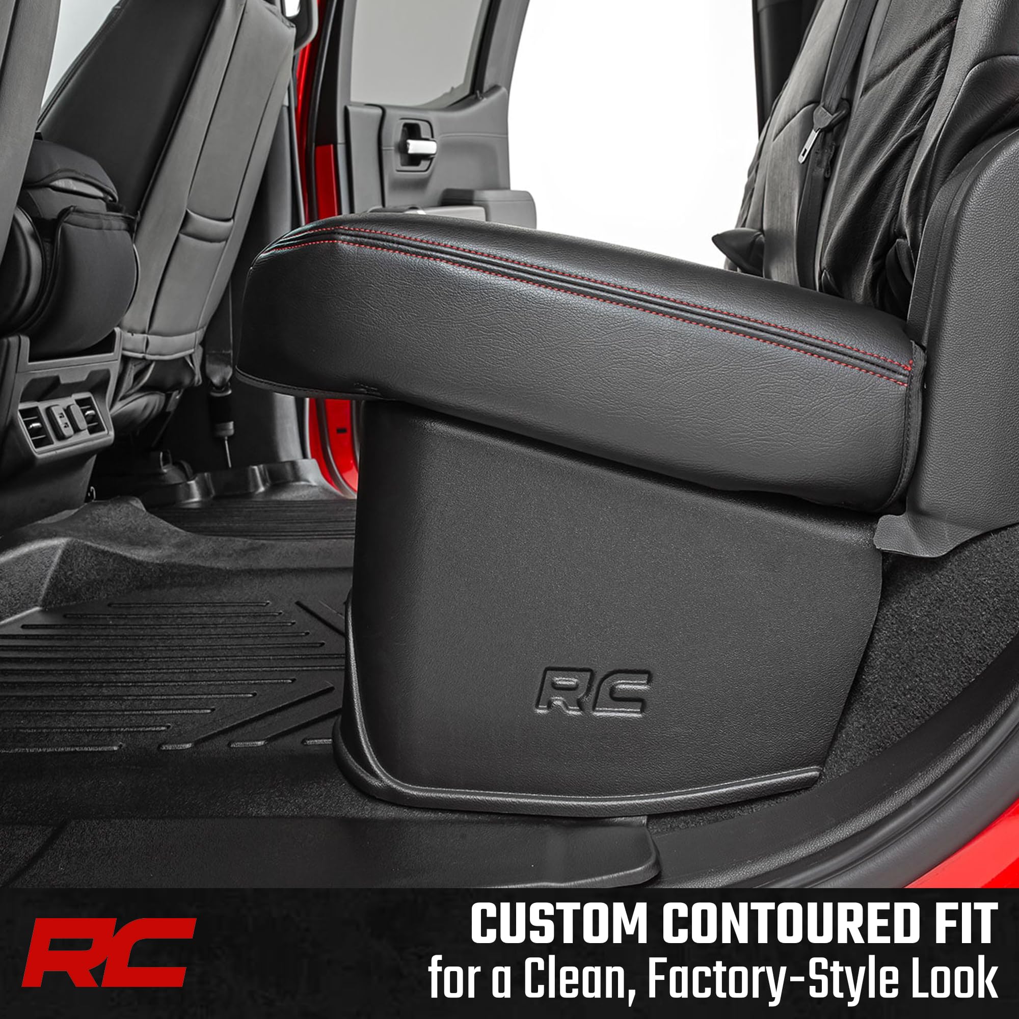 Rough Country under-seat storage anti-skid surface keeps items from sliding during drives.