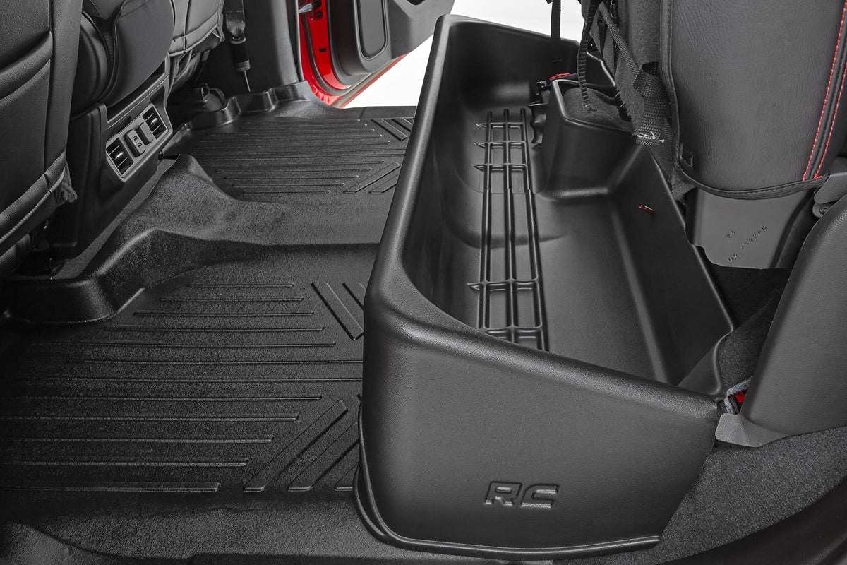 Rough Country under-seat storage fits crew cab trucks for organized, factory-like concealment.