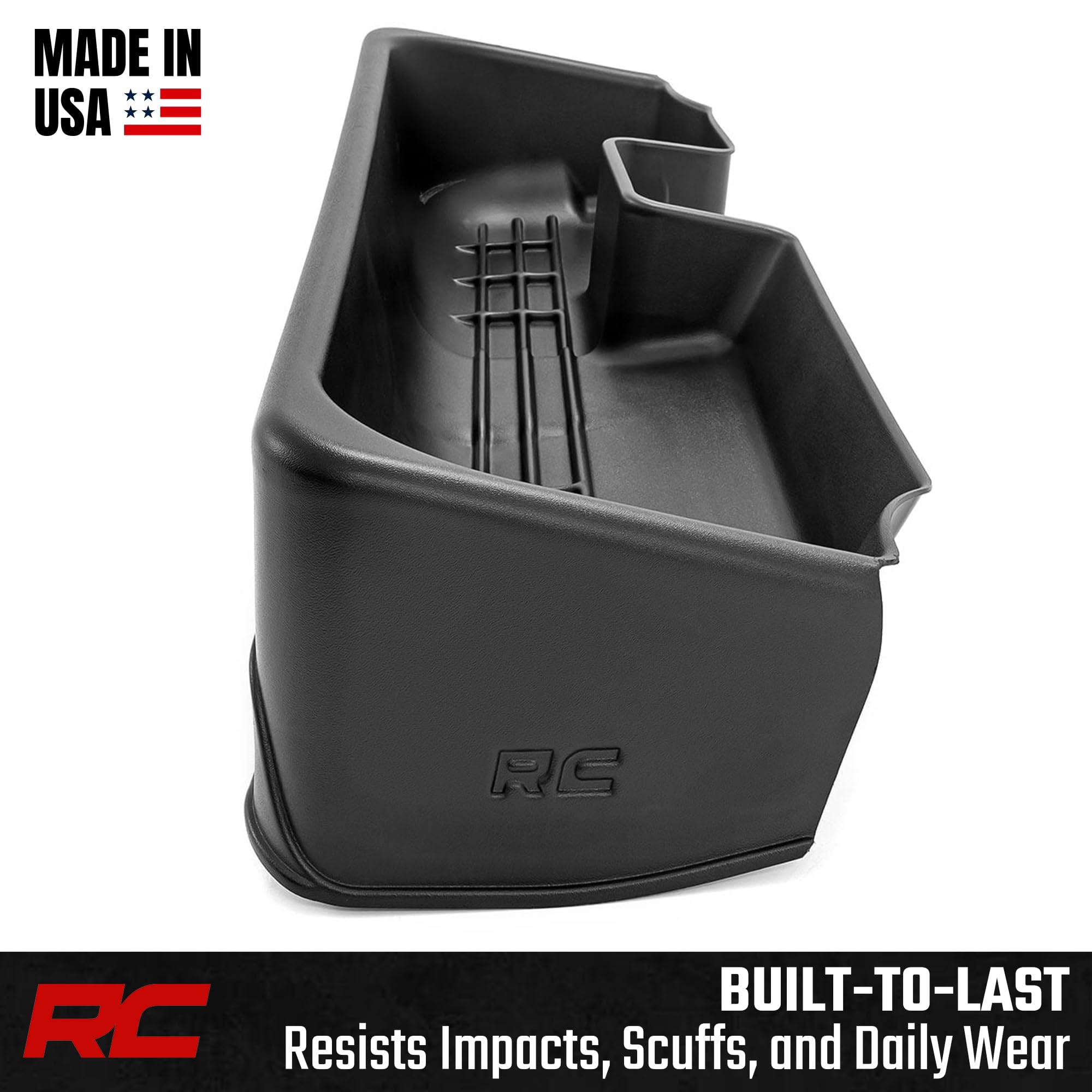 Rough Country durable thermoplastic under-seat tray built to last in trucks.