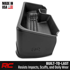 Rough Country durable thermoplastic under-seat tray built to last in trucks.