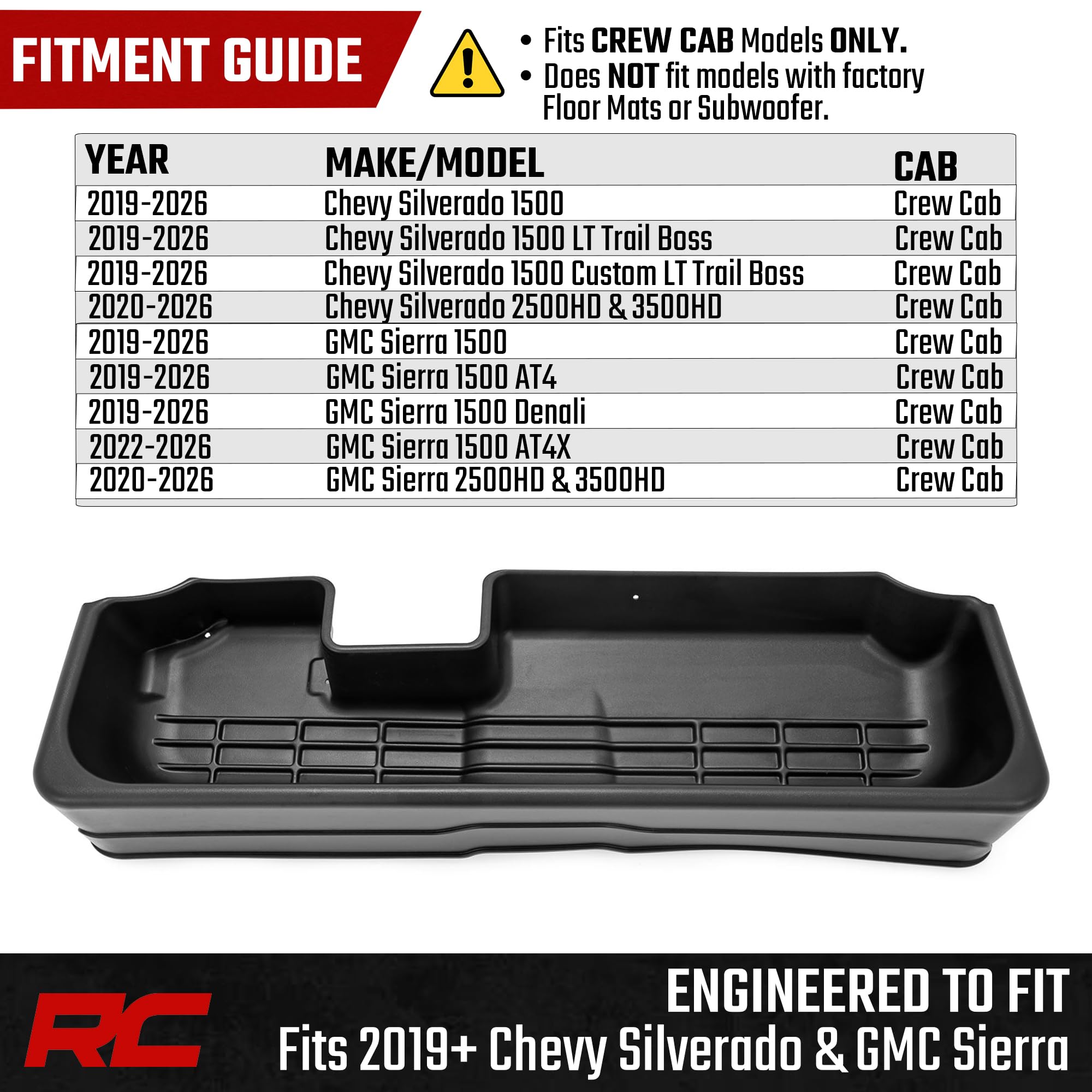 Rough Country drop-in installation for crew cab requires no drilling.