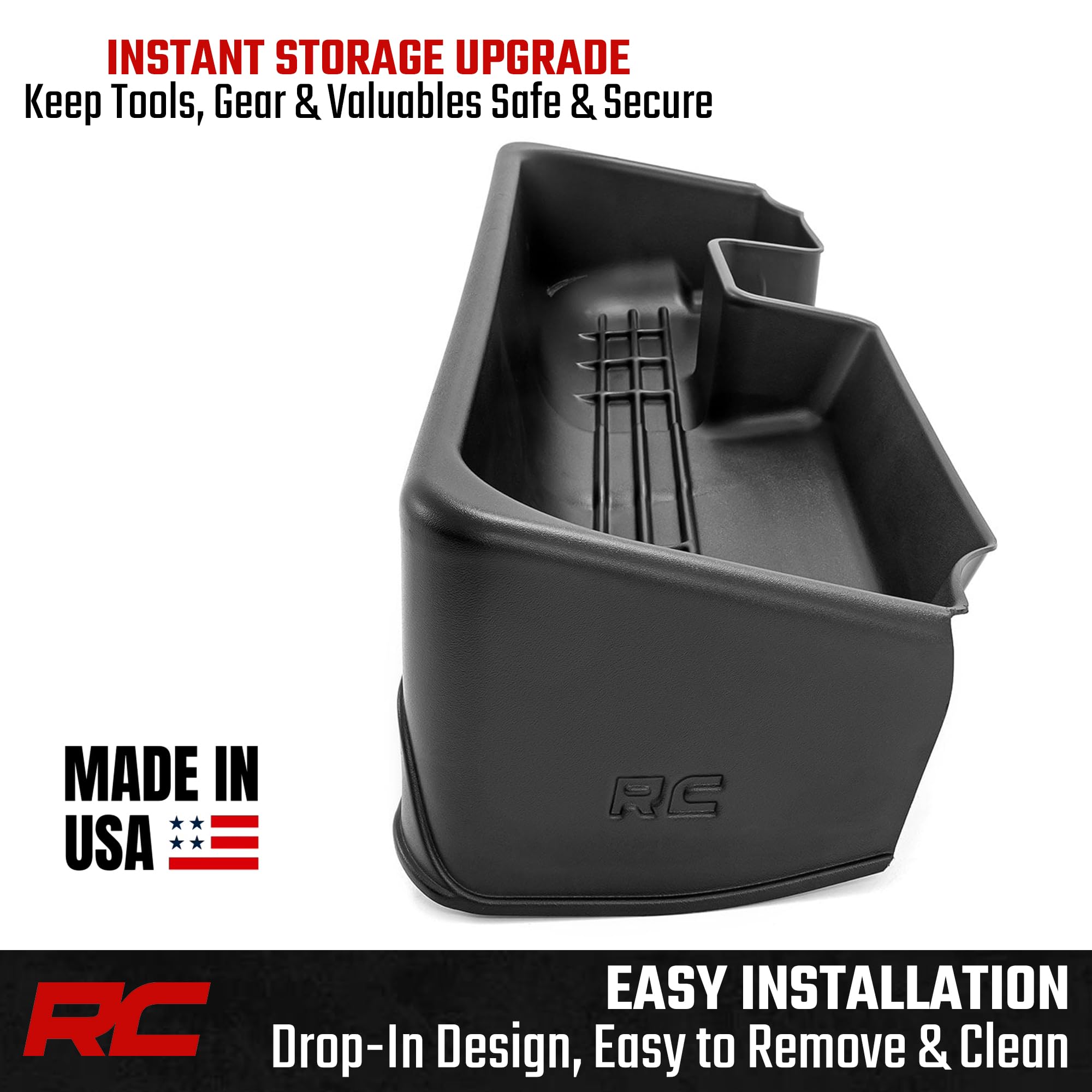 Rough Country precise contour under-seat storage follows Silverado and Sierra floor shape.