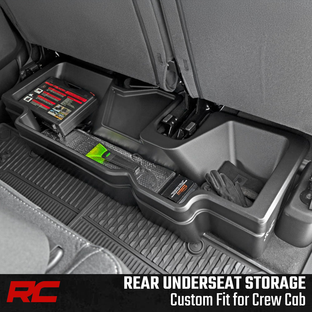 Rough Country under-seat storage installed under seat keeps gear organized and secure.