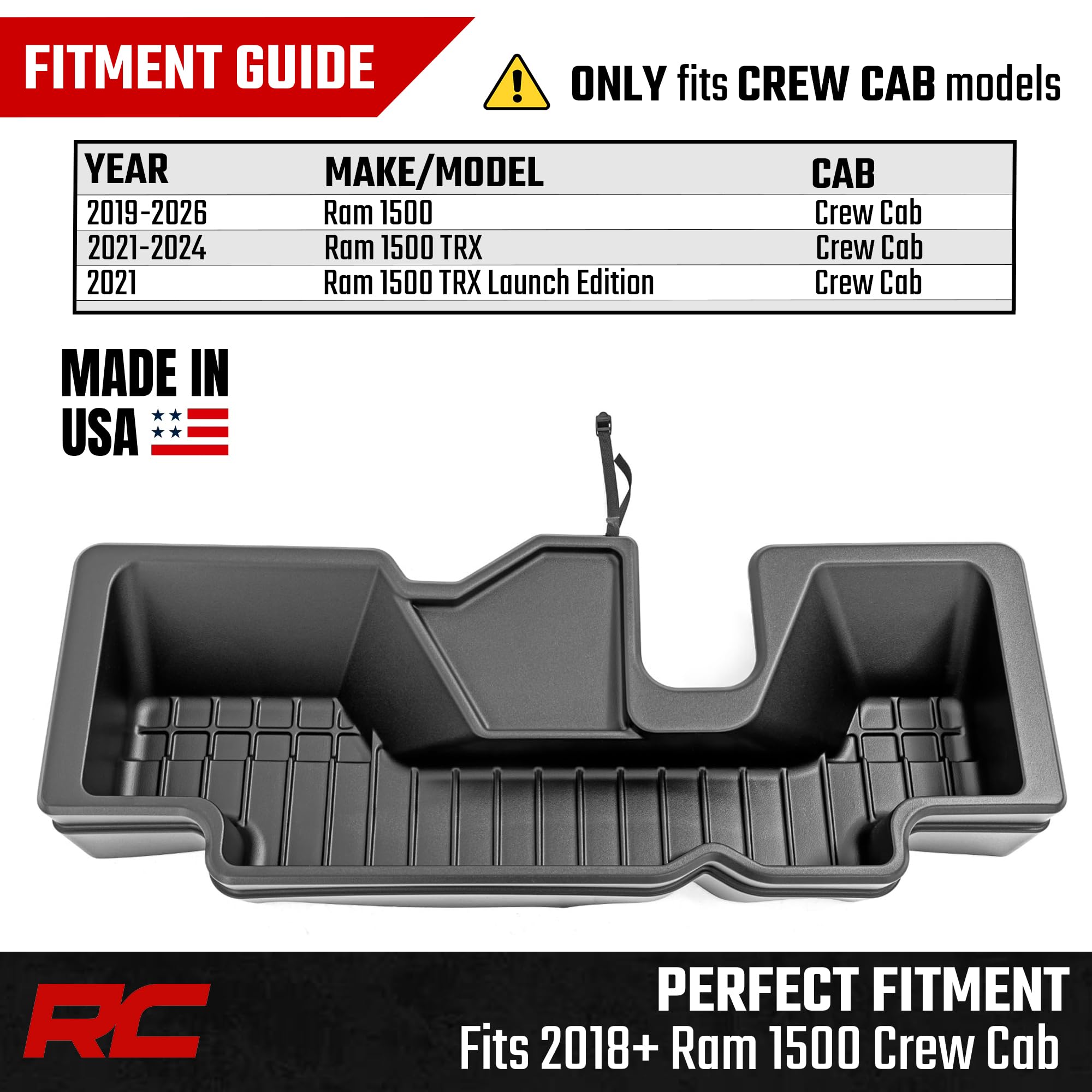 Rough Country under-seat storage keeps bulky tools neatly stowed.