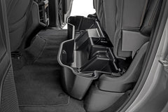 Rough Country under-seat storage for Ram 1500 Quad Cab keeps tools organized under the rear seat.