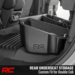 Rough Country under-seat storage for Sierra Double Cab helps secure gear on the go.