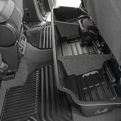 Rough Country under-seat storage for Silverado Double Cab keeps tools within reach and out of sight.