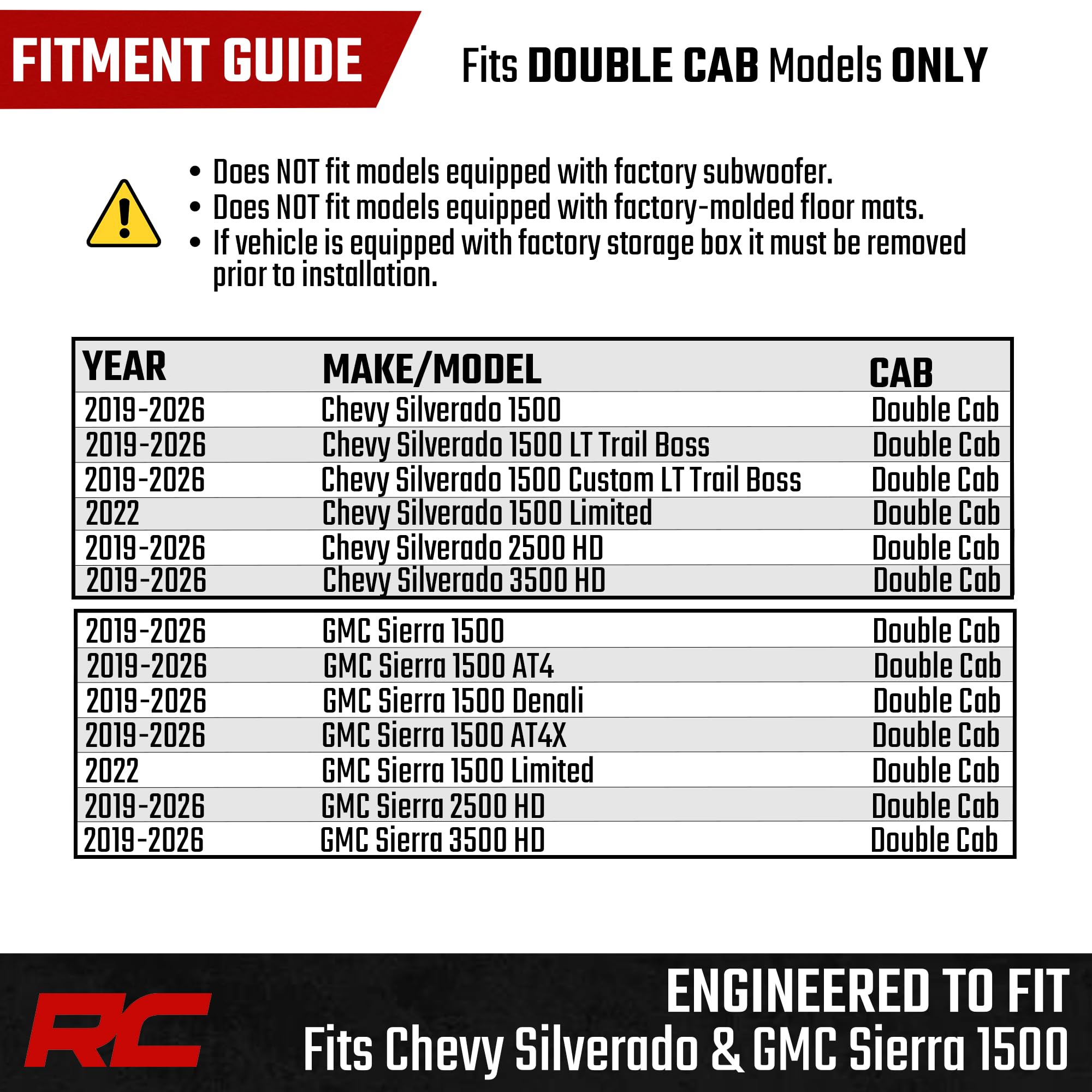 Rough Country under-seat tray fits Silverado and Sierra Double Cab interiors.