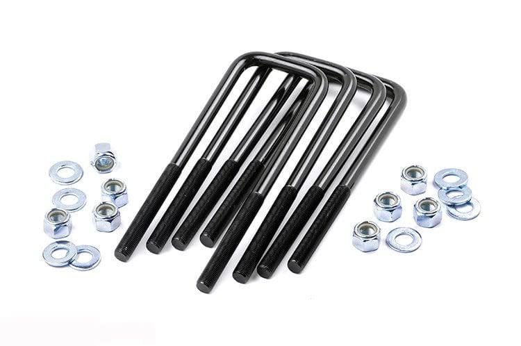 Rough Country universal square U-bolt kit secures leaf springs on rugged trails.