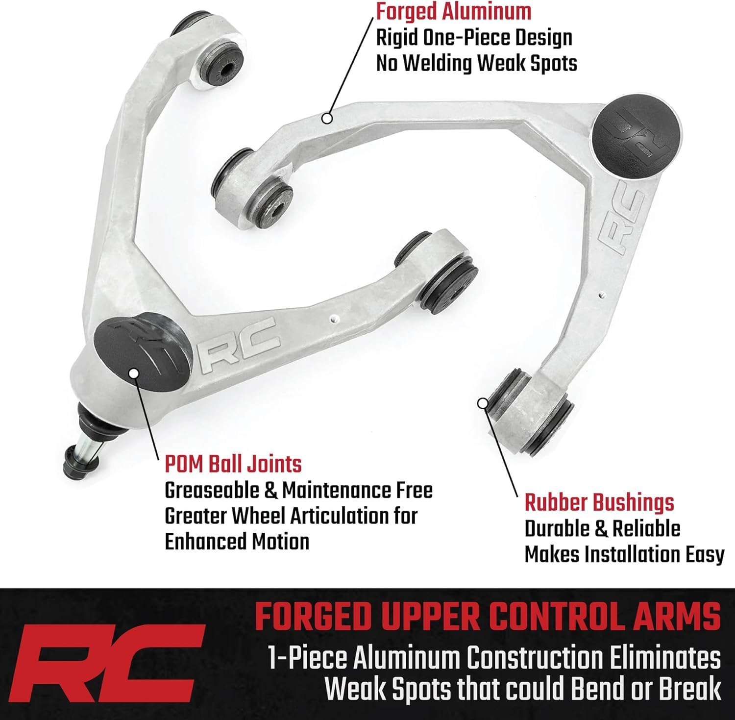 Rough Country upper control arm with rubber bushings for durable, greaseable performance.