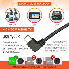 ROVE USB-C cable detail enabling direct dash cam power