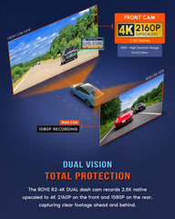ROVE dual dash cams mounted on windshield demonstrating front and rear perspective