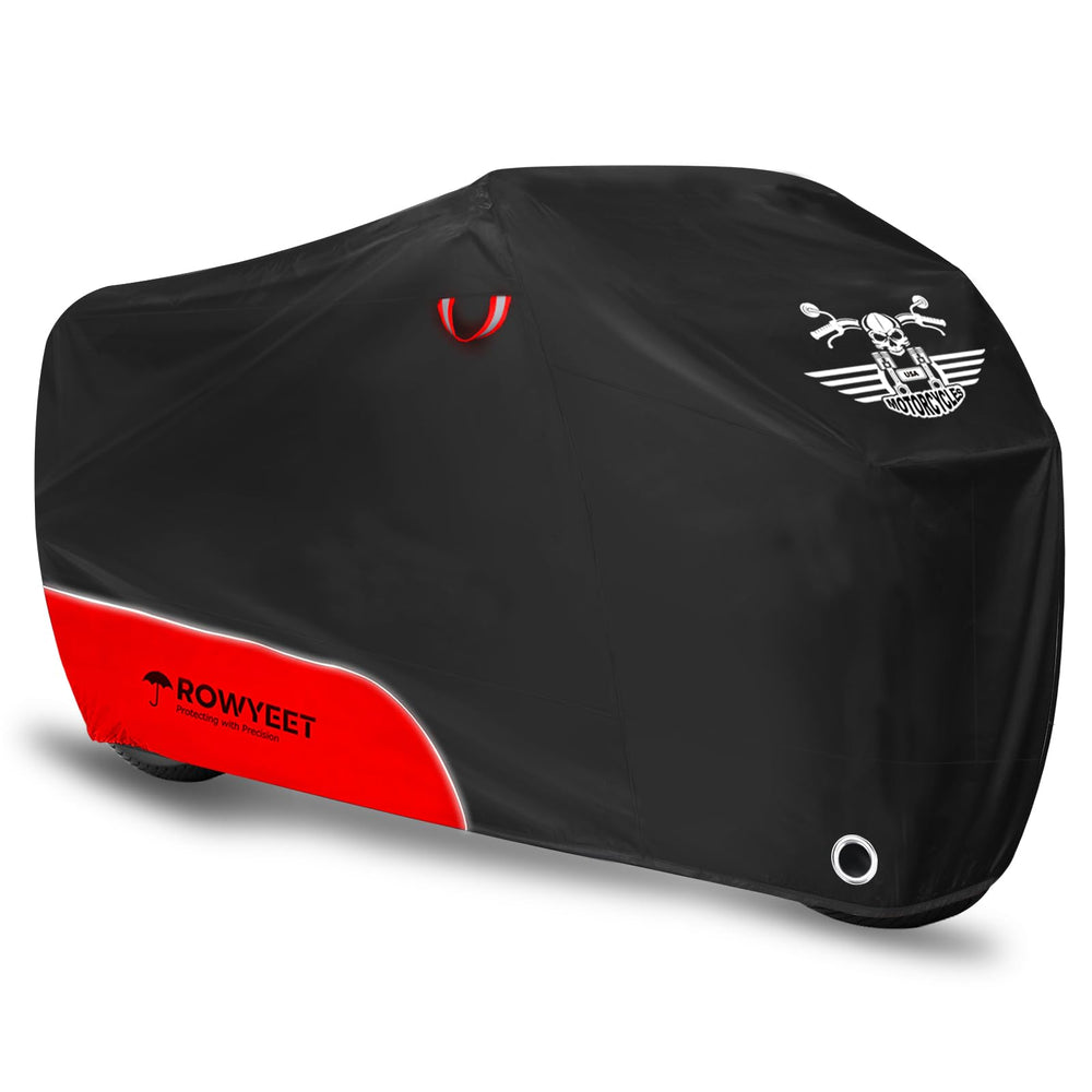 ROWYEET 420D Pro cover protects a motorcycle from rain with waterproof fabric.