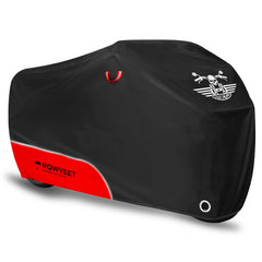 ROWYEET 420D Pro cover protects a motorcycle from rain with waterproof fabric.