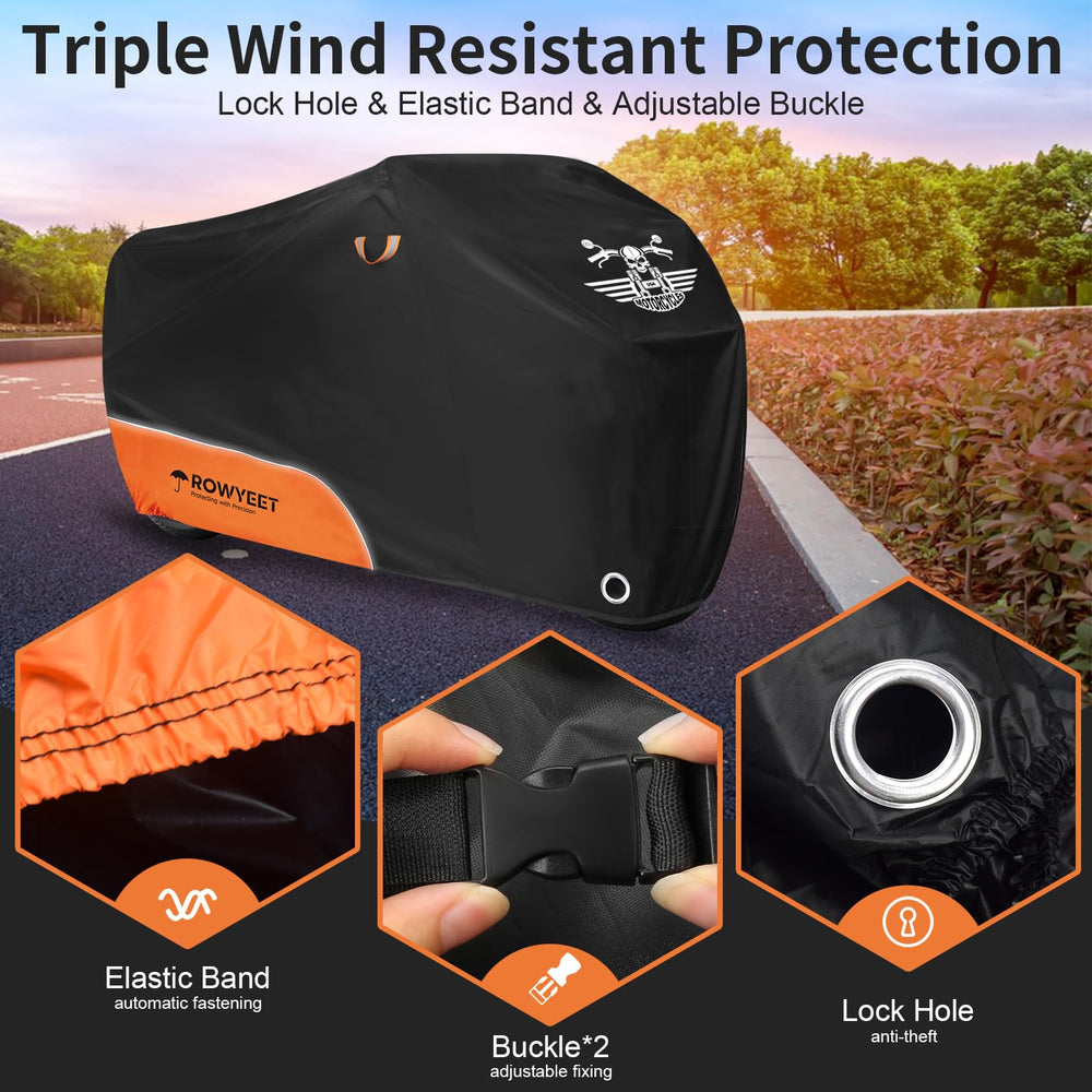 ROWYEET elastic-bottom-bands secure a snug fit on most motorcycles.