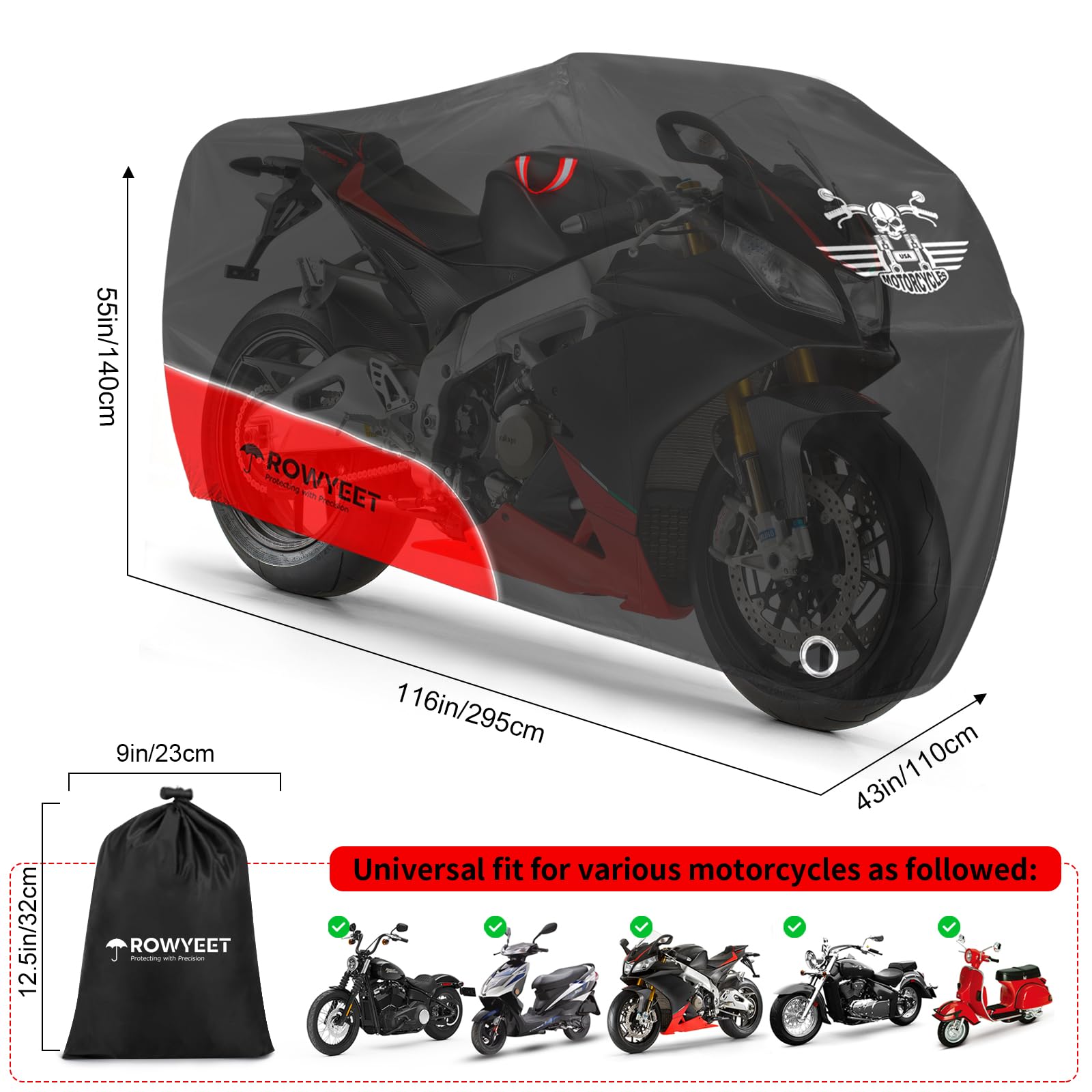 ROWYEET motorcycle cover with night reflective design improves visibility after dark.