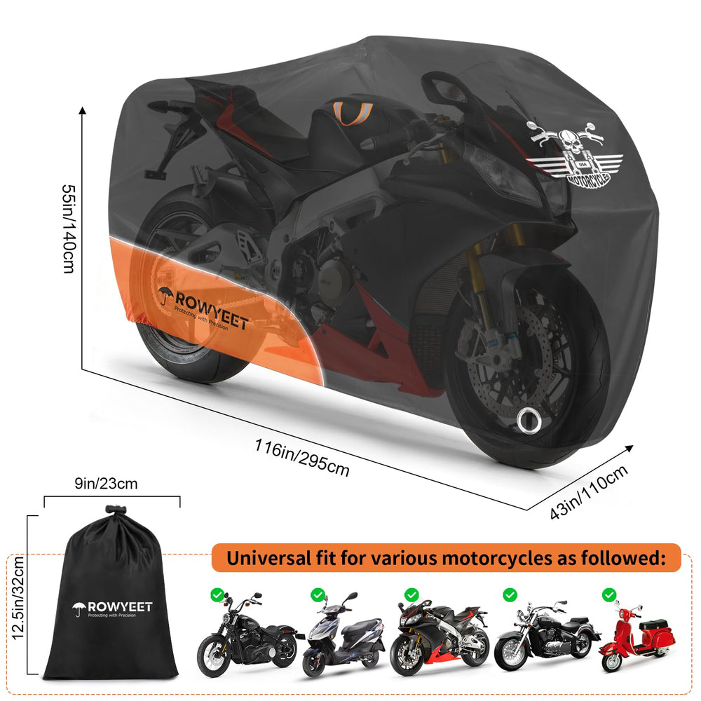 ROWYEET universal-fit cover demonstrating compatibility with many motorcycle models