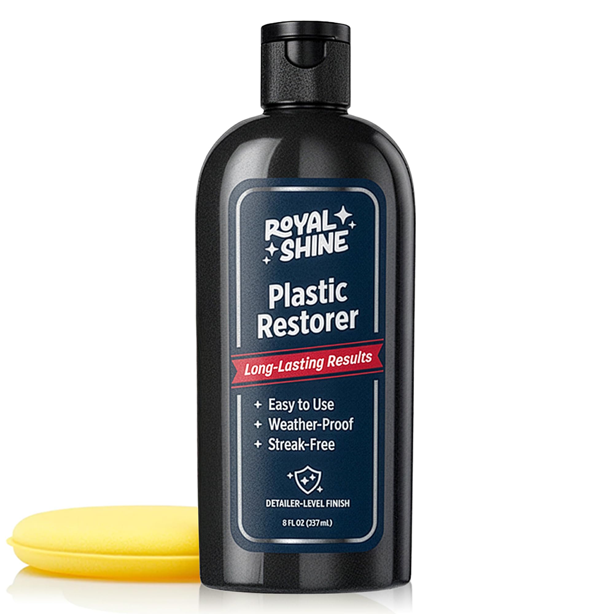 ROYAL SHINE Plastic Restorer delivers a deep black finish for faded trim.