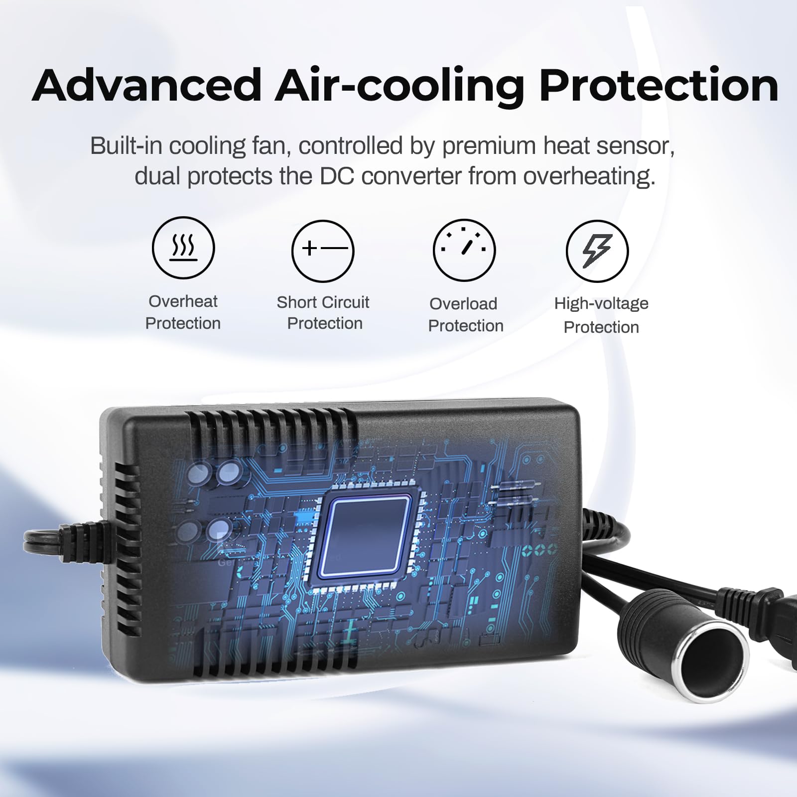 RoyPow cooling fan detail showing built-in air cooling for continuous use