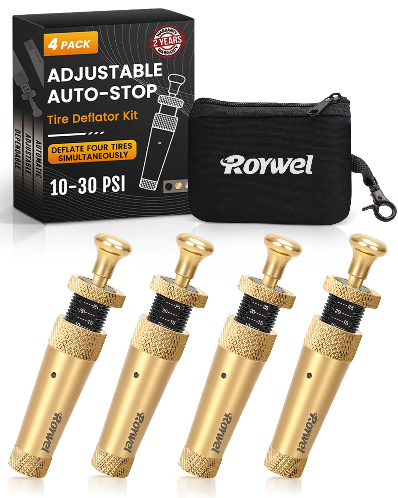 ROYWEL Pro Calibrated Deflator Kit close-up shows four units enabling precise air-down.