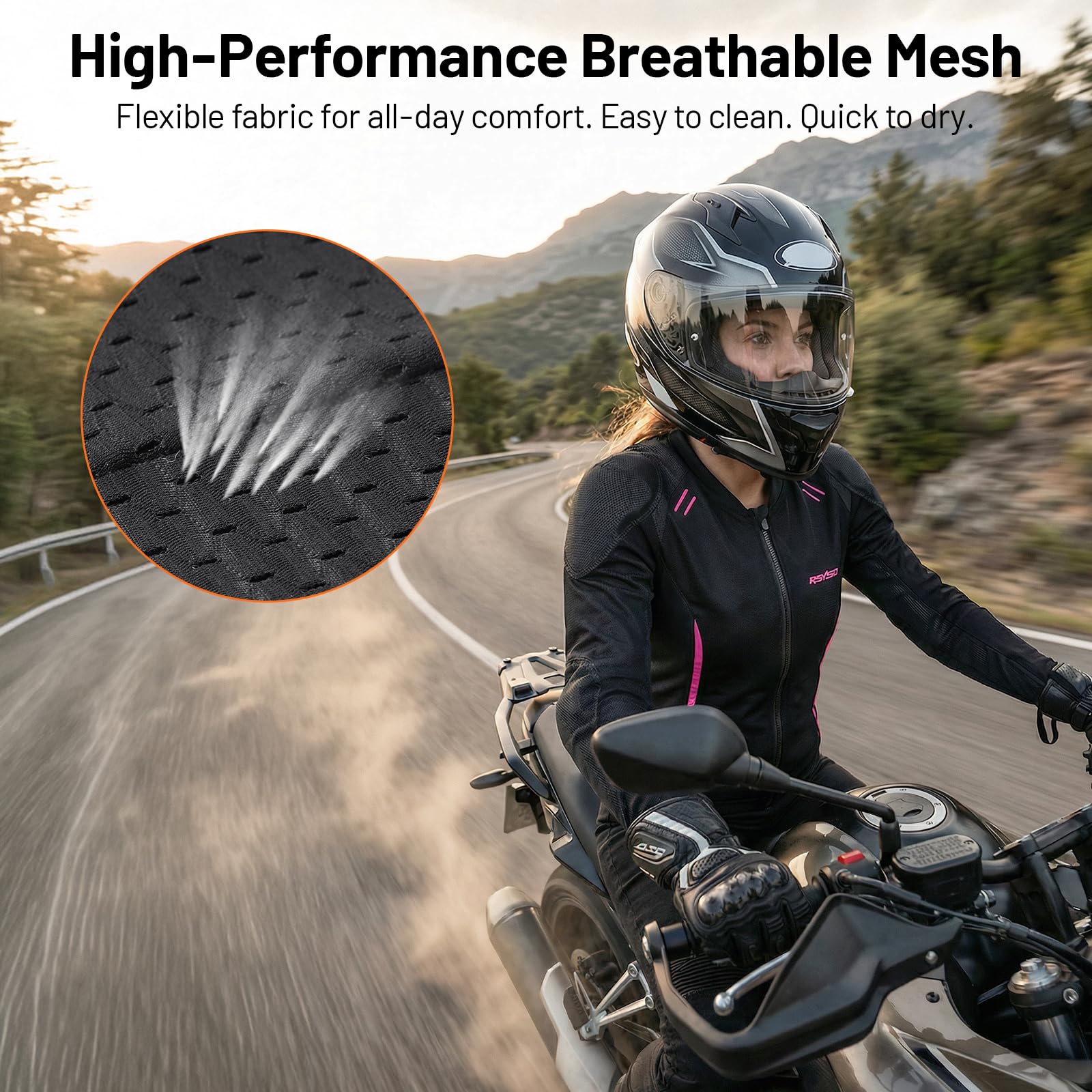 RSYSO armored mesh jacket in motion showing quick-dry fabric performance.