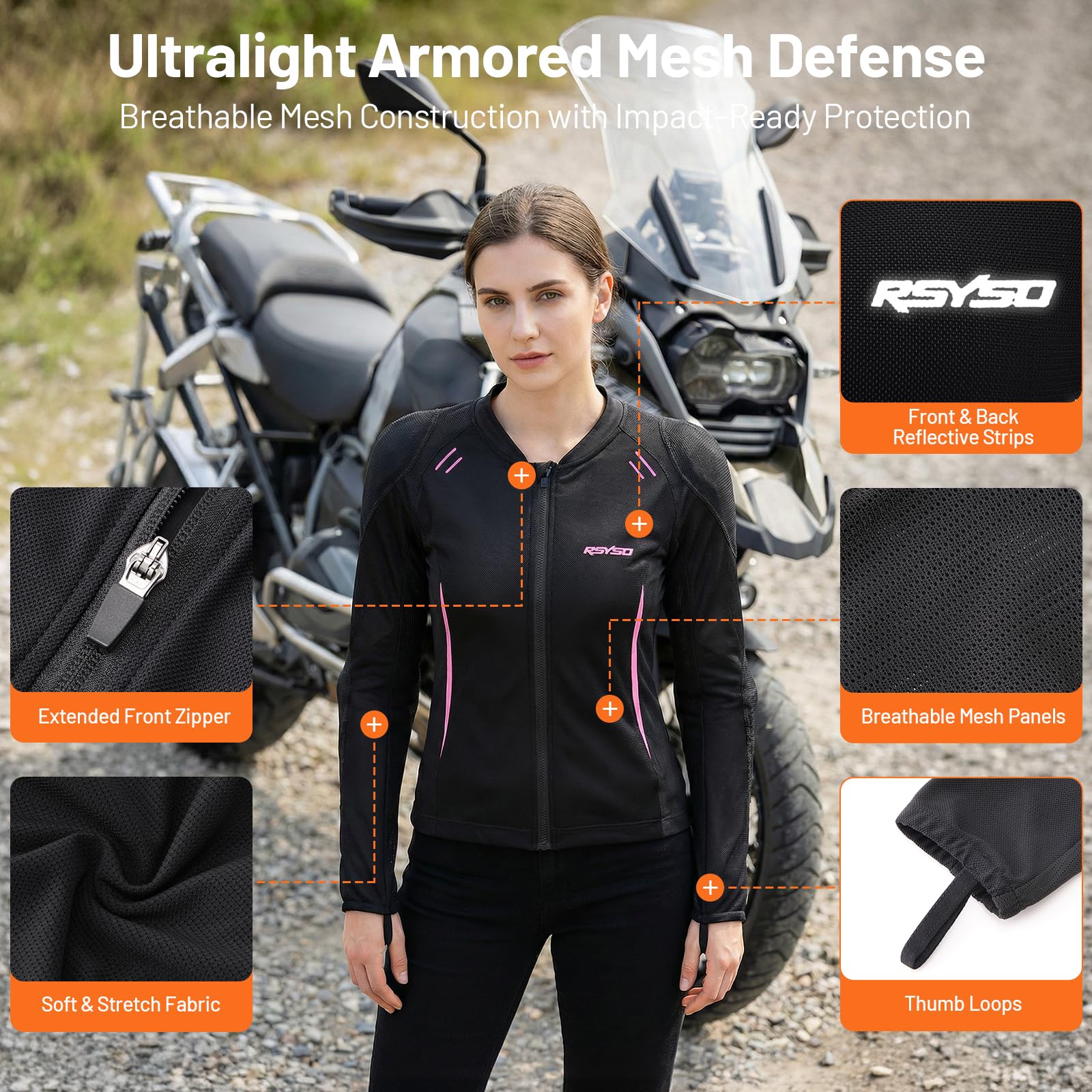 RSYSO mesh jacket back view with reflective strips for nighttime visibility.