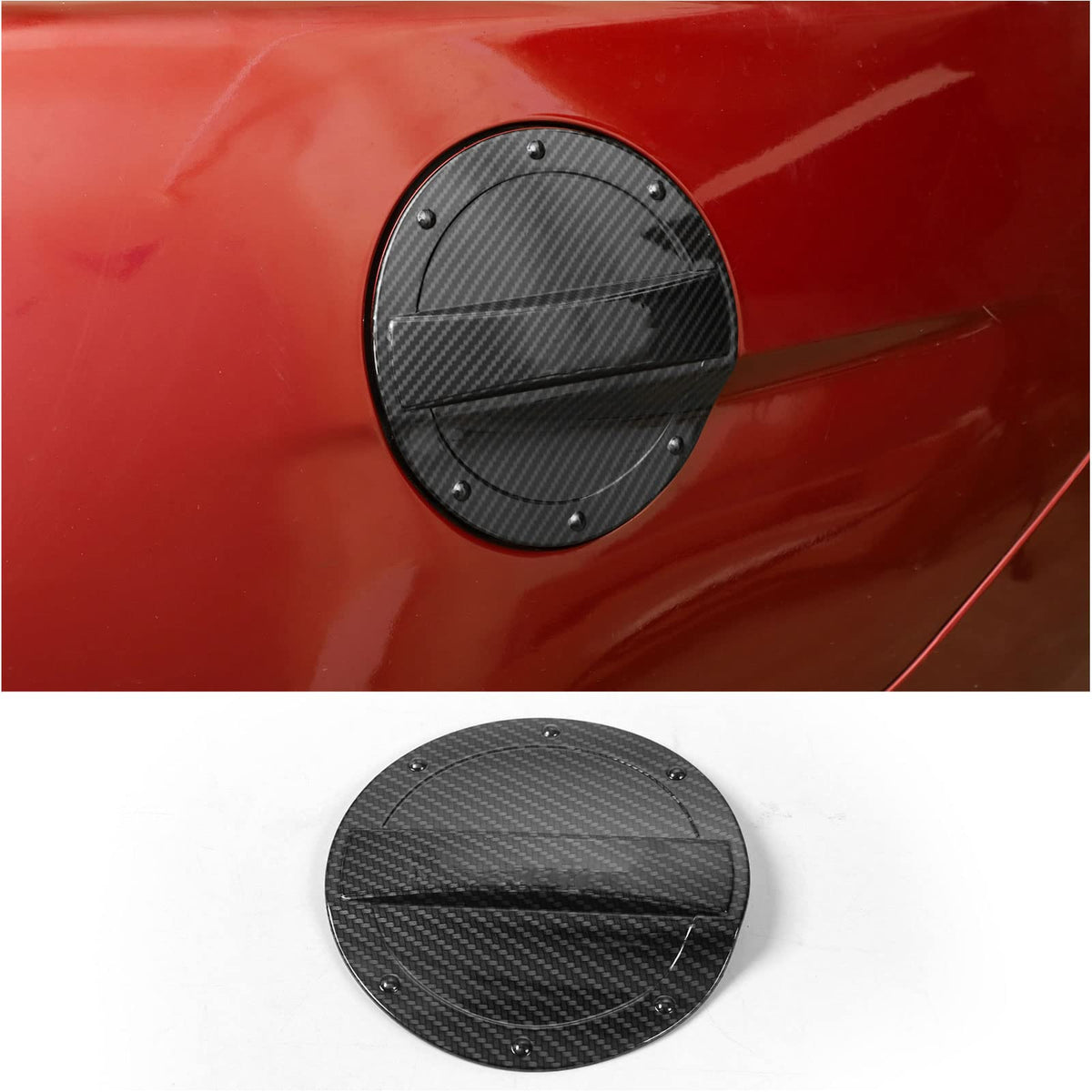 RT-TCZ carbon fiber fuel filler door for Mustang closeup showing textured grain and finish.