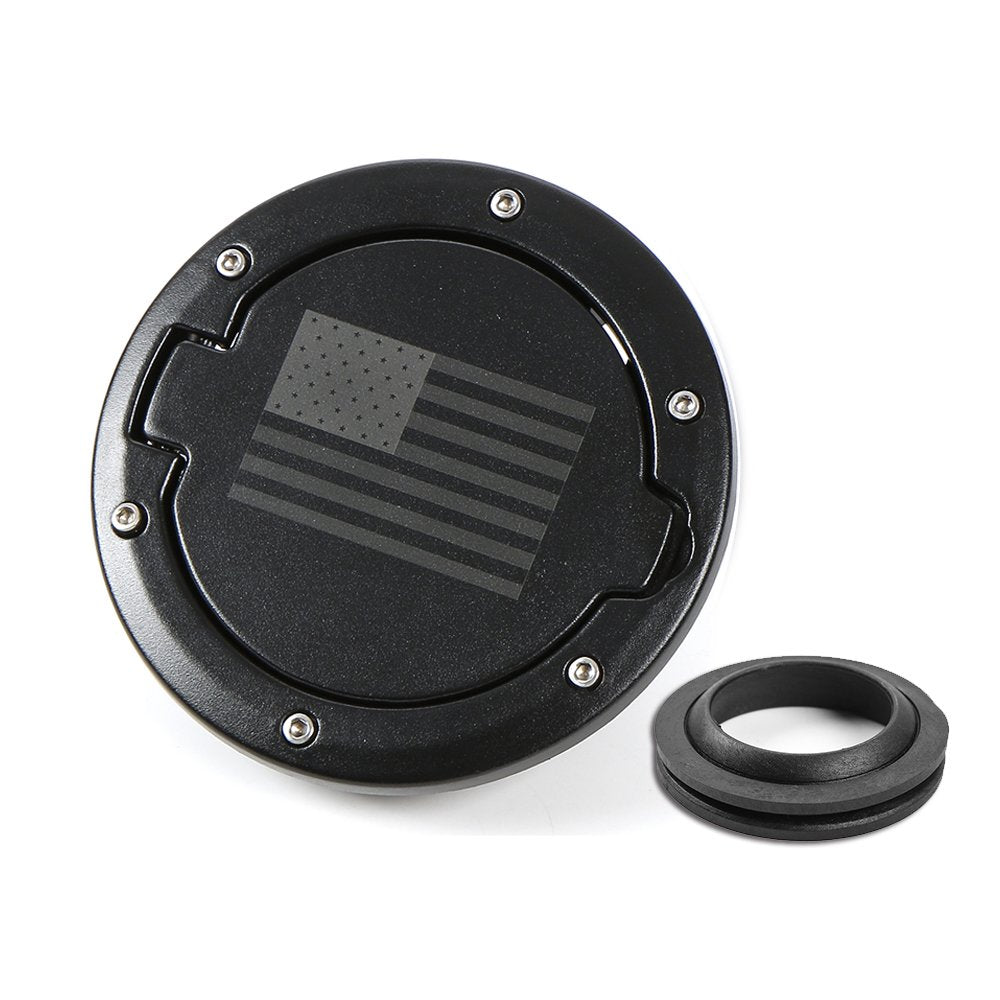 RT-TCZ fuel filler door closeup shows corrosion-resistant aluminum cover for Wrangler JK