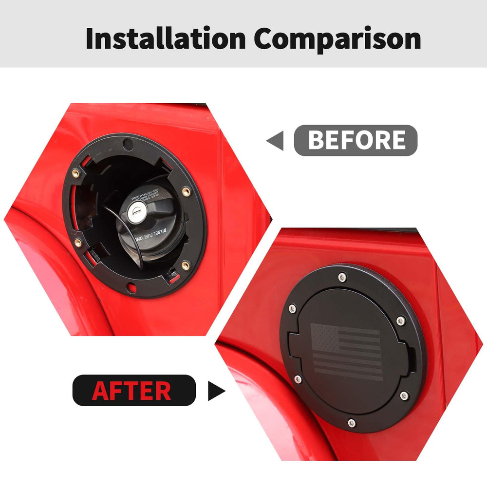 RT-TCZ fuel filler door installed on Wrangler JK demonstrates easy no-drill fit