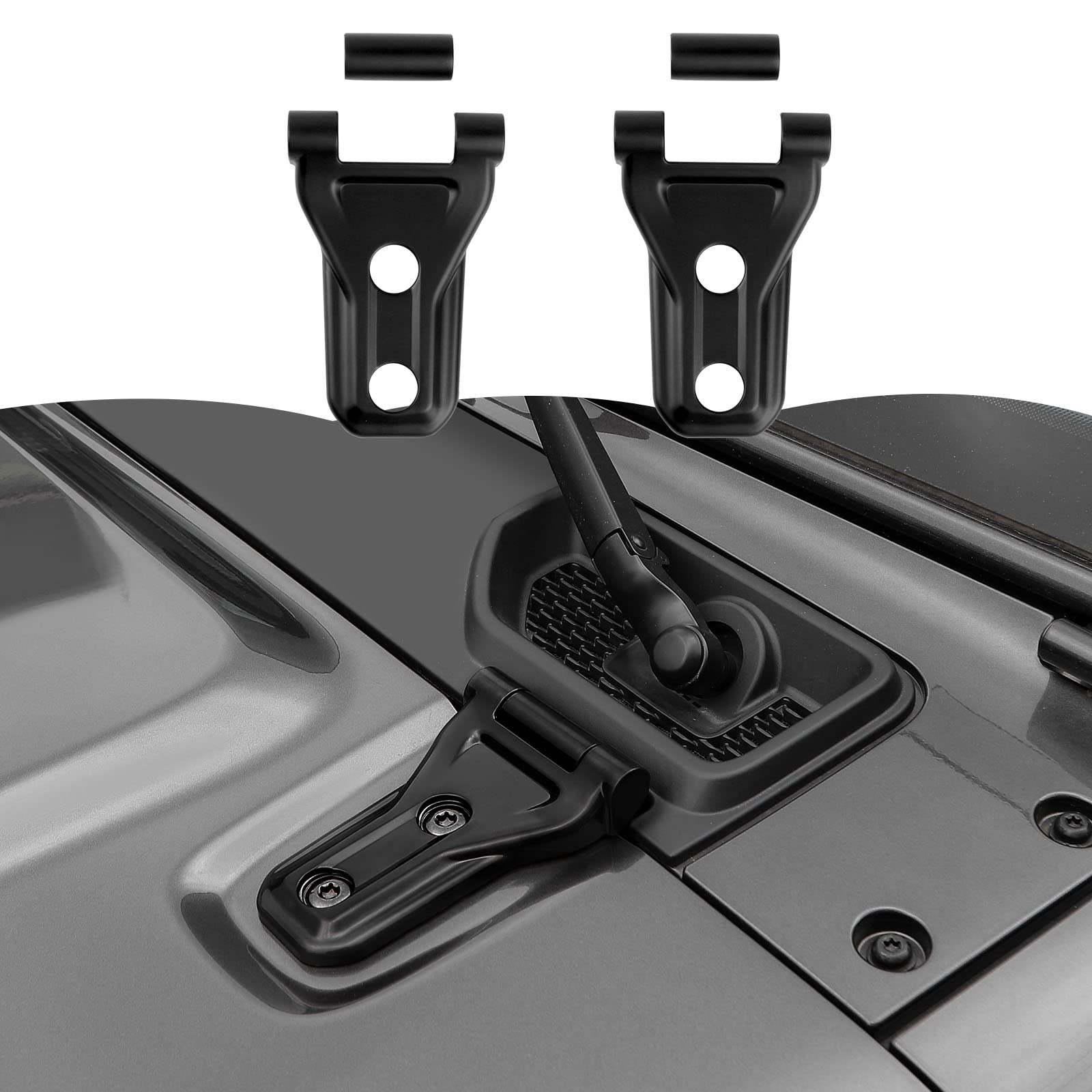 RT-TCZ hood hinge cover, front left view, durable matte black finish for Wrangler.