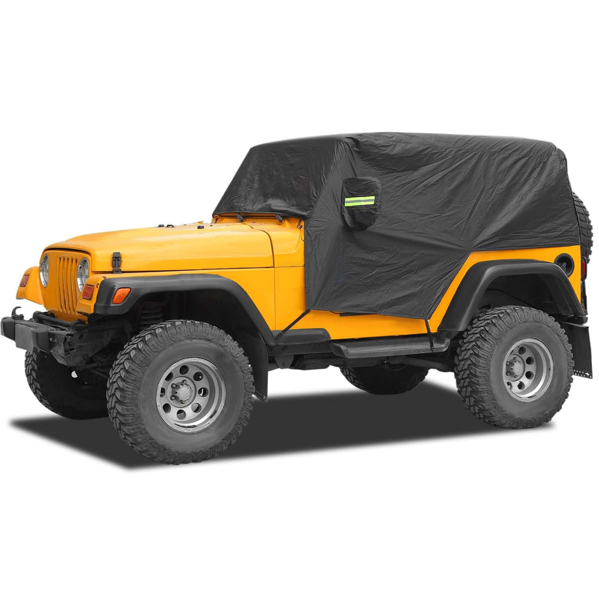 RT-TCZ rain-snow-sunshade cover on Jeep Wrangler TJ shielding exterior from weather.