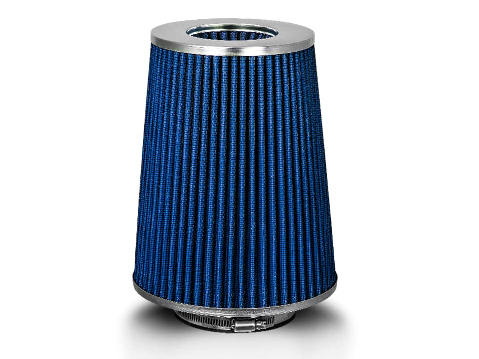 Rtunes Racing blue 4-inch inlet truck air cone showing universal fit and enhanced airflow