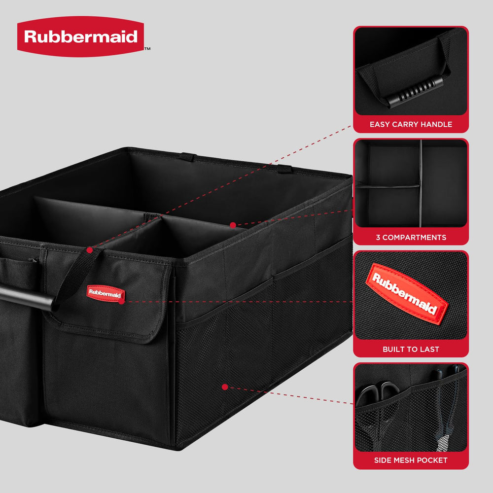 Rubbermaid car caddy with adjustable dividers adapts to groceries and toys.