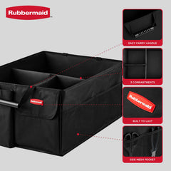 Rubbermaid car caddy with adjustable dividers adapts to groceries and toys.