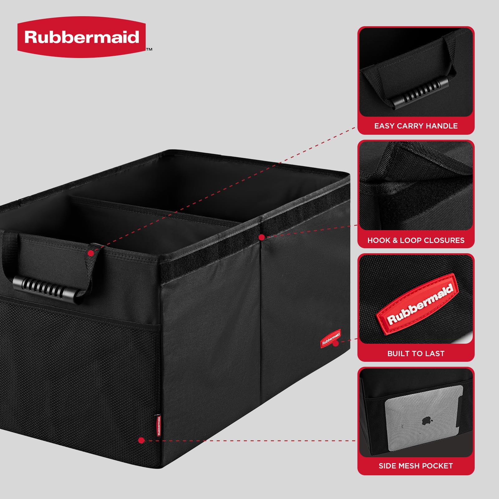 Rubbermaid car organizer with multi-compartment pockets organizes toys and snacks.