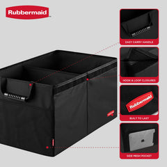 Rubbermaid car organizer with multi-compartment pockets organizes toys and snacks.