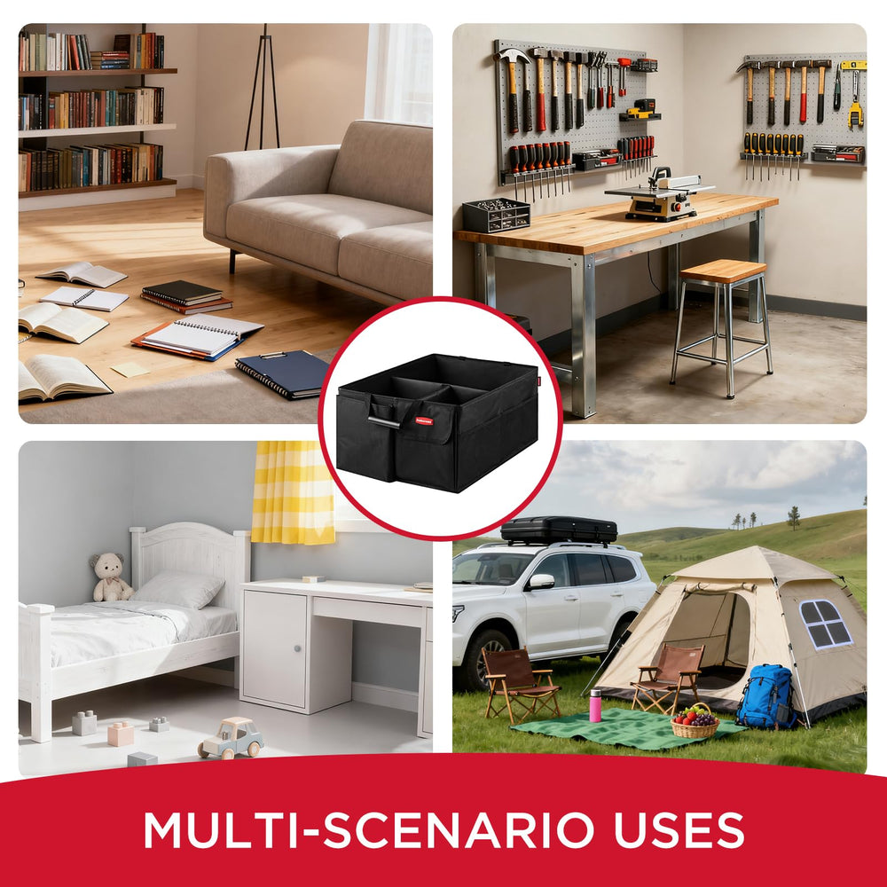 Rubbermaid multi-compartment storage secures items like snacks and tools.