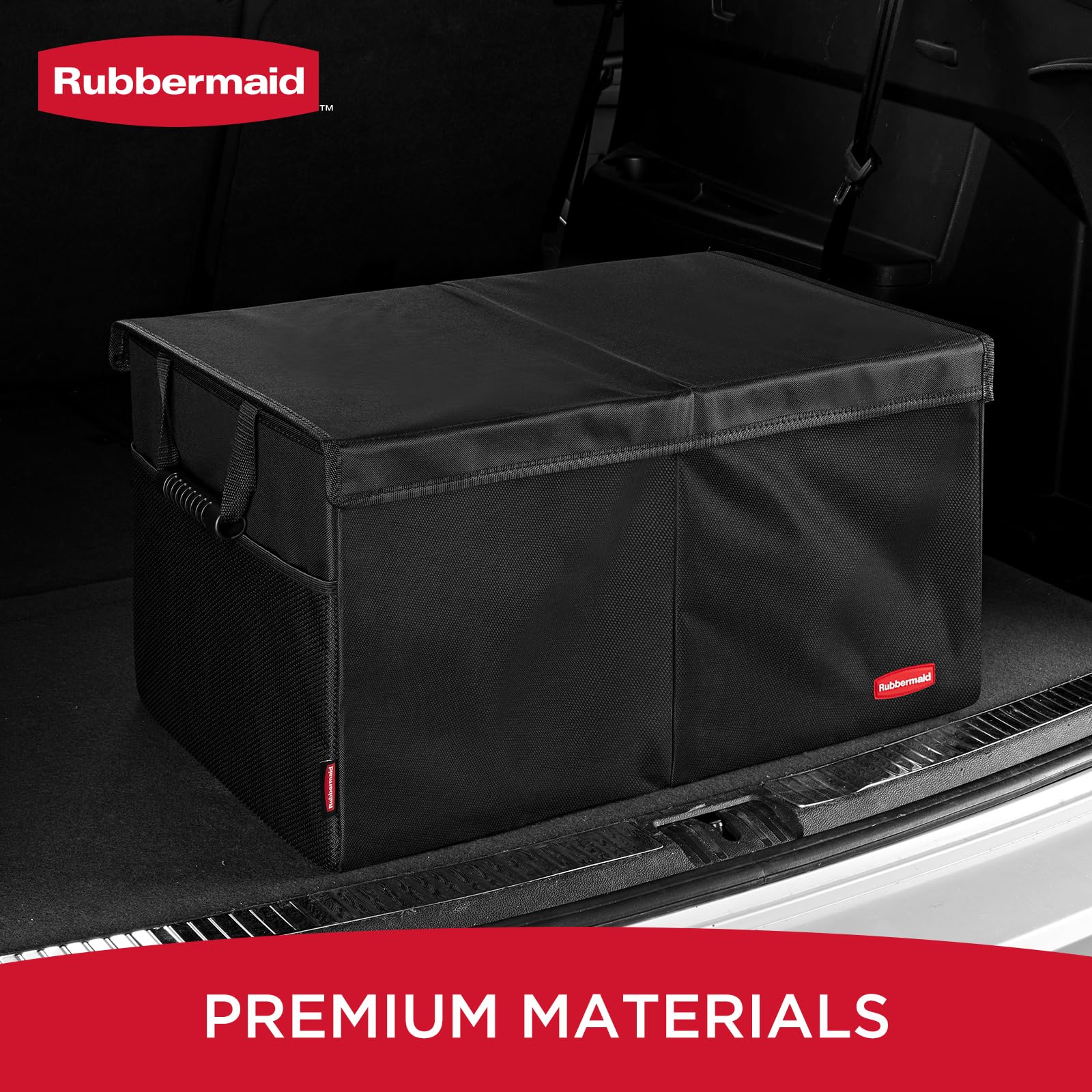 Rubbermaid trunk organizer durable storage tote prevents clutter during road trips.