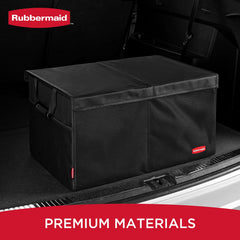 Rubbermaid trunk organizer durable storage tote prevents clutter during road trips.