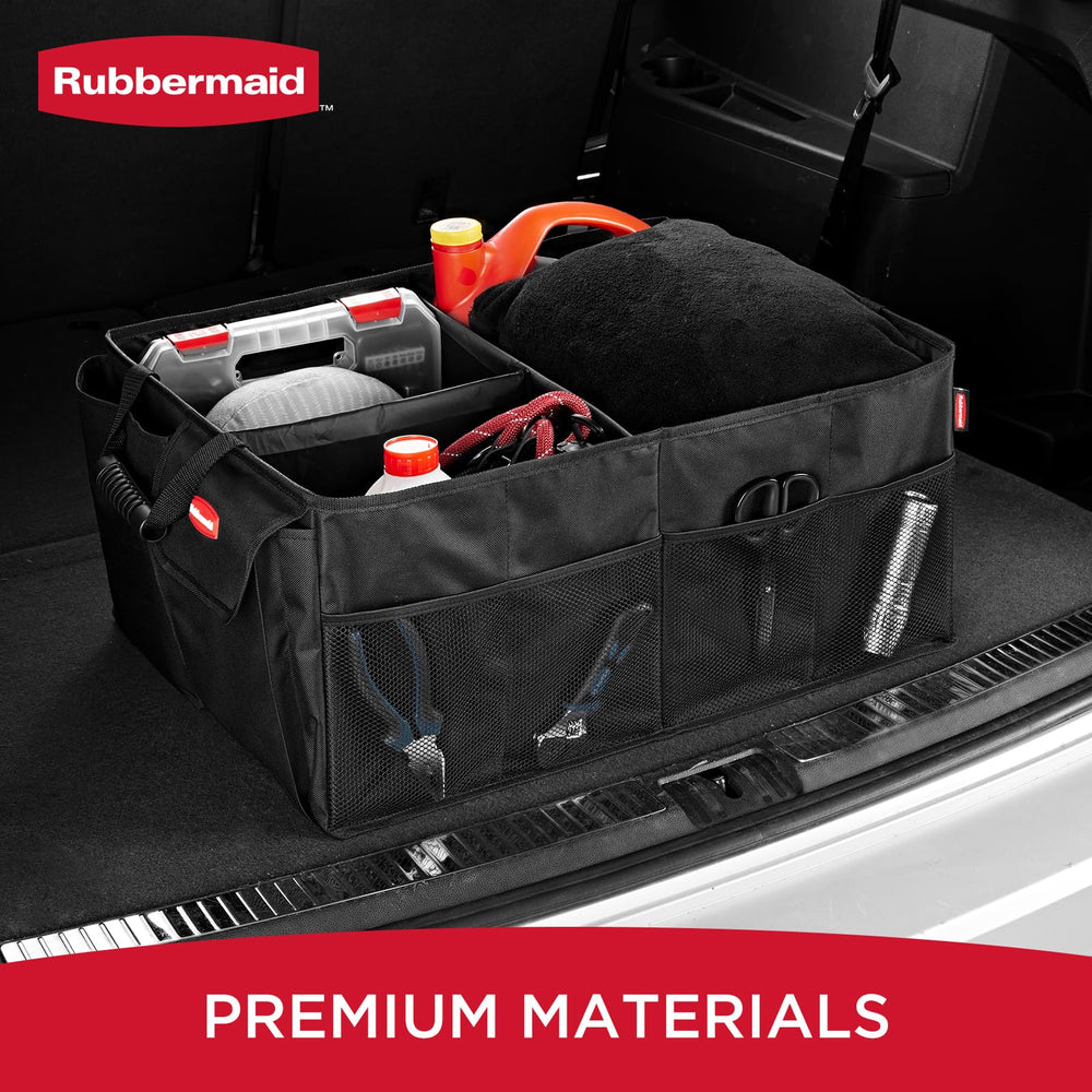 Rubbermaid trunk storage with mesh pockets keeps essentials within reach.