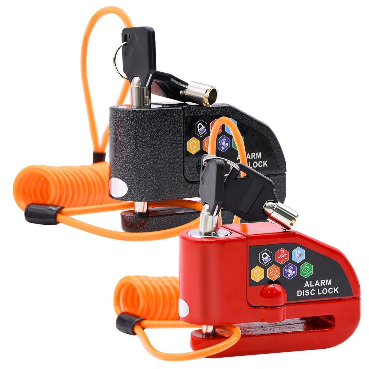 Ruby.Q alarm disc lock set red lock in hand; theft deterrence for parked vehicles.