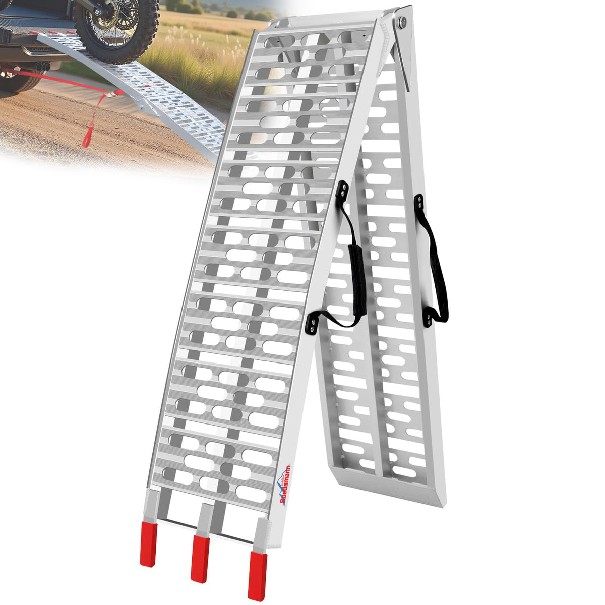 Ruedamann 7.5ft aluminum ramp extended for motorcycles with stable surface.