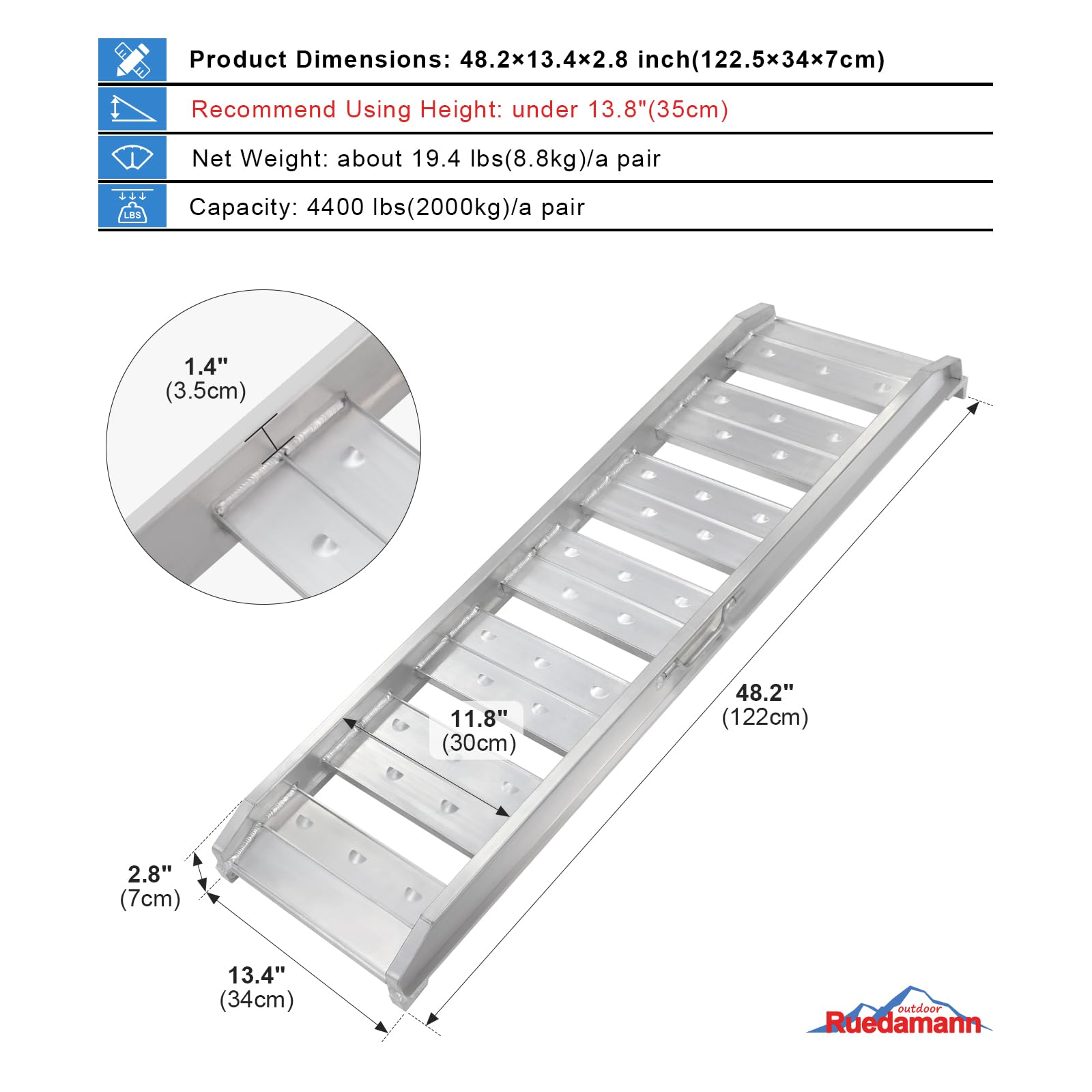 Ruedamann truck ramps emphasize 48.2 by 13.4 by 2.8 inch dimensions for fit and stability.